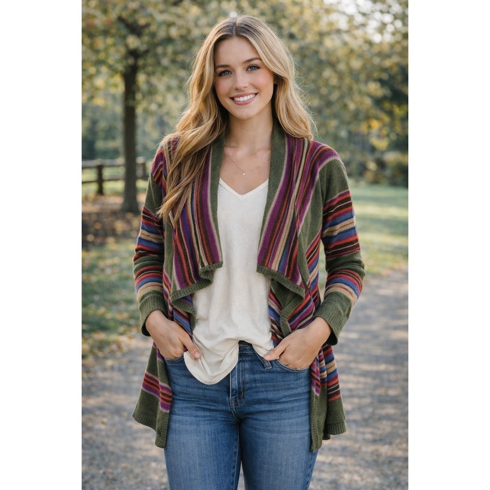 Ralph Lauren‎ Chaps Cardigan Women L Olive Green Striped Linen Cotton Western